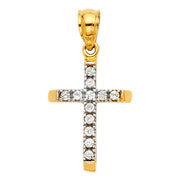 14K Gold CZ Cross Charm Pendant with 1.2mm Flat Open Wheat Chain Necklace