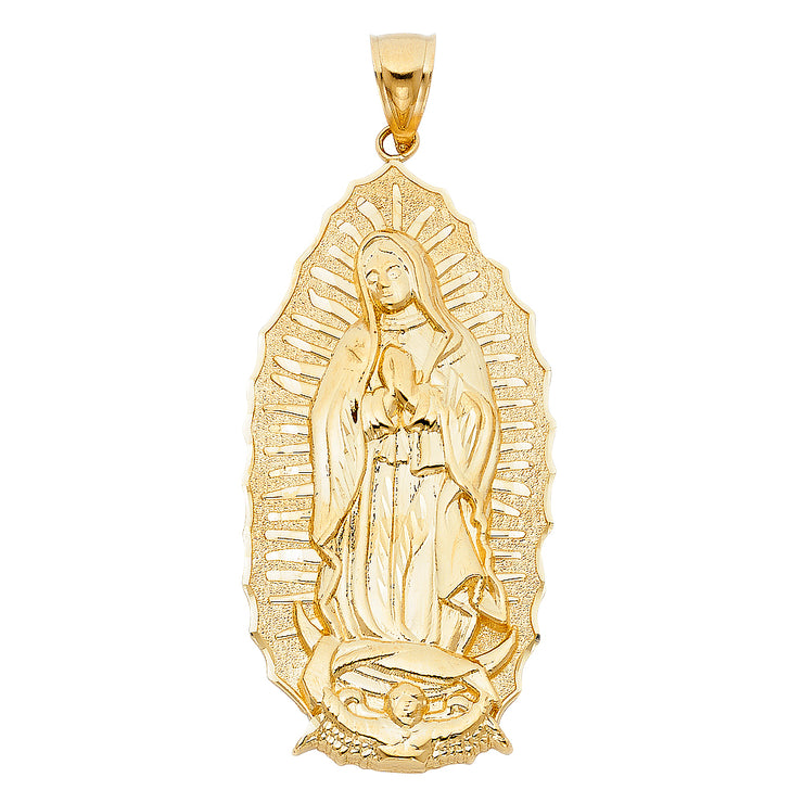 14K Gold Guadalupe Charm Pendant with 2mm Flat Open Wheat Chain Necklace