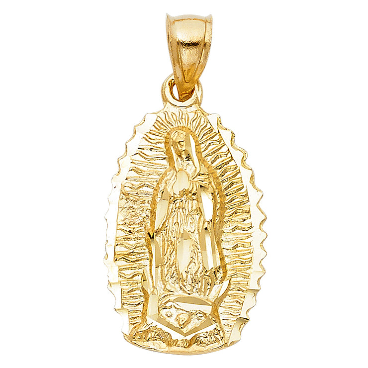 14K Gold Guadalupe Charm Pendant with 1.1mm Wheat Chain Necklace