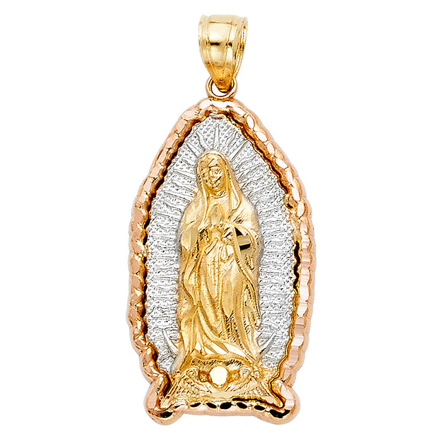 14K Gold Guadalupe Charm Pendant with 0.9mm Wheat Chain Necklace