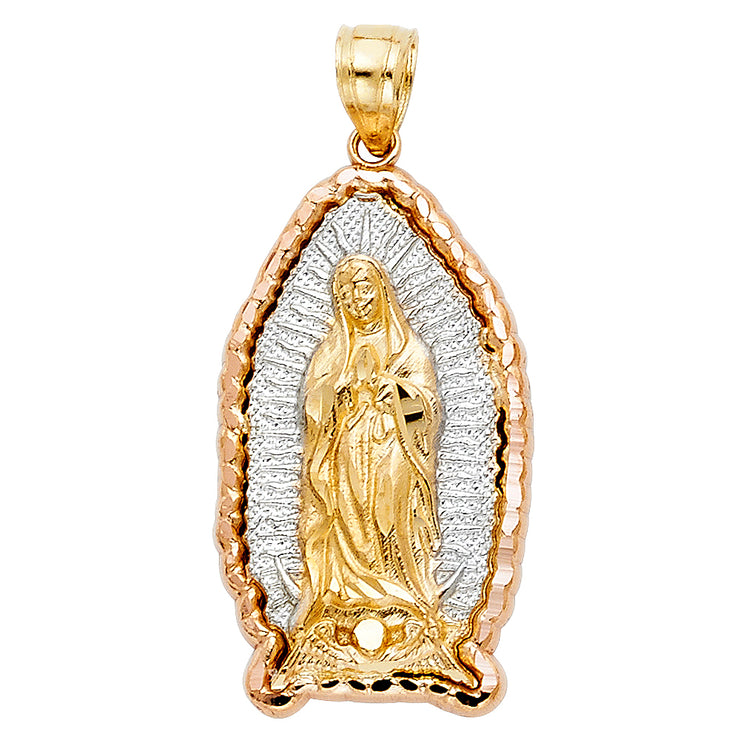 14K Gold Guadalupe Charm Pendant with 2.3mm Figaro 3+1 Chain Necklace