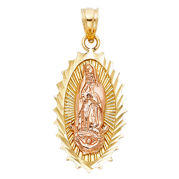 14K Gold Guadalupe Charm Pendant with 1.7mm Flat Open Wheat Chain Necklace