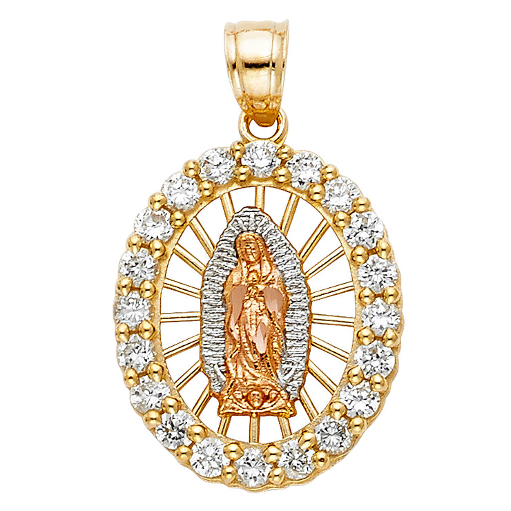 14K Gold CZ Guadalupe Charm Pendant with 3.4mm Hollow Cuban Chain Necklace