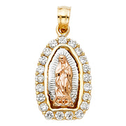 14K Gold CZ Guadalupe Charm Pendant with 2.3mm Figaro 3+1 Chain Necklace