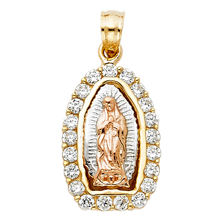 14K Gold CZ Guadalupe Charm Pendant with 2.3mm Figaro 3+1 Chain Necklace