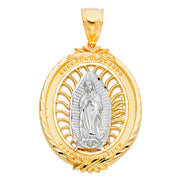 14K Gold Guadalupe Charm Pendant with 2mm Flat Open Wheat Chain Necklace