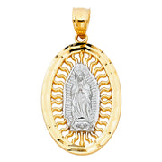 14K Gold Guadalupe Charm Pendant with 1.7mm Flat Open Wheat Chain Necklace