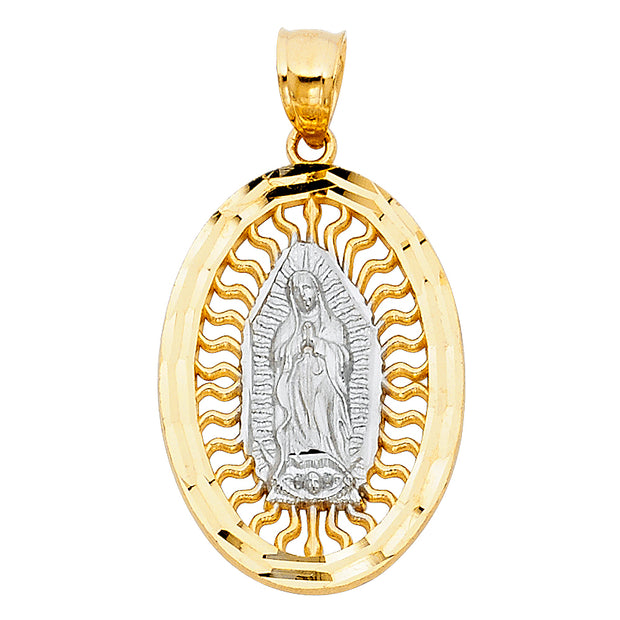 14K Gold Guadalupe Charm Pendant with 1.7mm Flat Open Wheat Chain Necklace