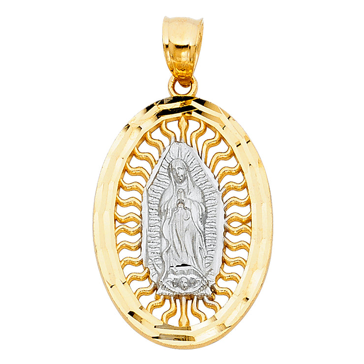 14K Gold Guadalupe Charm Pendant with 1.7mm Flat Open Wheat Chain Necklace