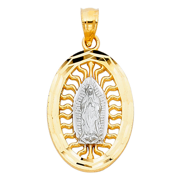 14K Gold Guadalupe Charm Pendant with 0.9mm Wheat Chain Necklace