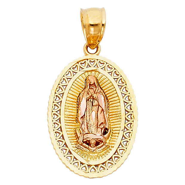 14K Gold Guadalupe Charm Pendant with 0.9mm Wheat Chain Necklace