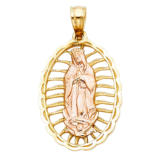 14K Gold Guadalupe Charm Pendant with 1.7mm Flat Open Wheat Chain Necklace