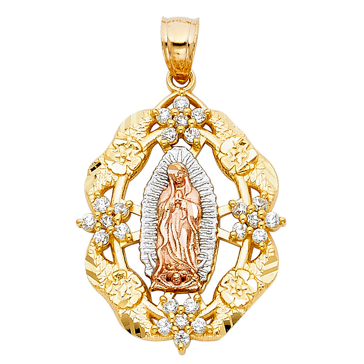 14K Gold CZ Religious Guadalupe Charm Pendant with 1.2mm Box Chain Necklace