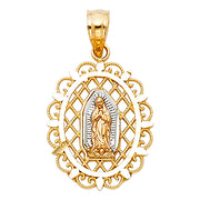 14K Gold Guadalupe Charm Pendant with 0.9mm Wheat Chain Necklace