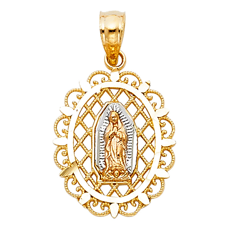 14K Gold Guadalupe Charm Pendant with 0.9mm Wheat Chain Necklace