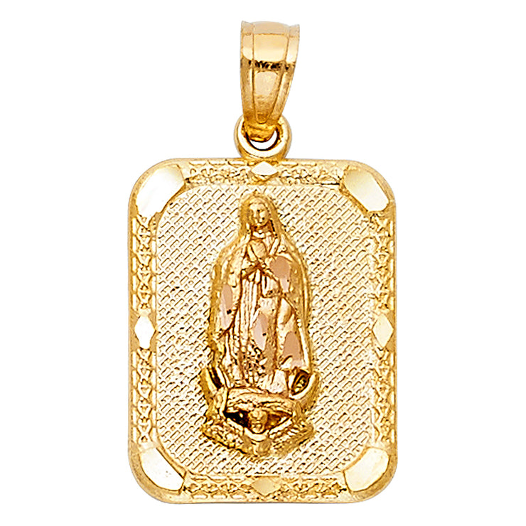 14K Gold Guadalupe Charm Pendant with 1.5mm Flat Open Wheat Chain Necklace