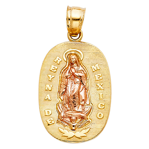 14K Gold Guadalupe Charm Pendant with 1.5mm Flat Open Wheat Chain Necklace