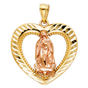 14K Gold Guadalupe Charm Pendant with 1.5mm Flat Open Wheat Chain Necklace