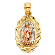 14K Gold Guadalupe Charm Pendant with 0.9mm Wheat Chain Necklace