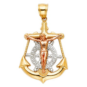 14K Gold Jesus Crucifix Anchor Pendant with 3.1mm Figaro 3+1 Chain