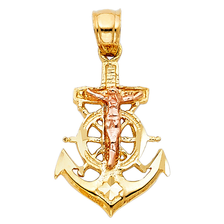 14K Gold Crucifix Anchor Charm Pendant with 2mm Flat Open Wheat Chain Necklace