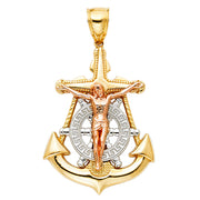 14K Gold Crucifix Anchor Charm Pendant with 2mm Flat Open Wheat Chain Necklace