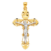 14K Gold Crucifix Charm Pendant with 2mm Flat Open Wheat Chain Necklace