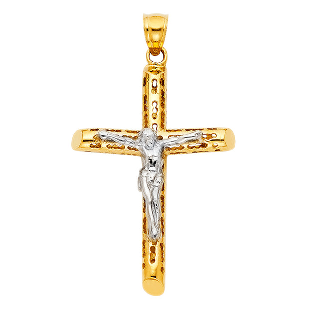 14K Gold Crucifix Charm Pendant with 3.1mm Figaro 3+1 Chain Necklace