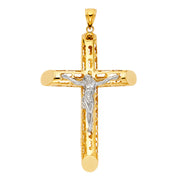 14K Gold Crucifix Charm Pendant with 2mm Flat Open Wheat Chain Necklace