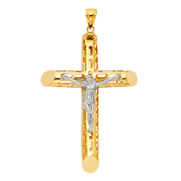 14K Gold Crucifix Charm Pendant with 2mm Flat Open Wheat Chain Necklace