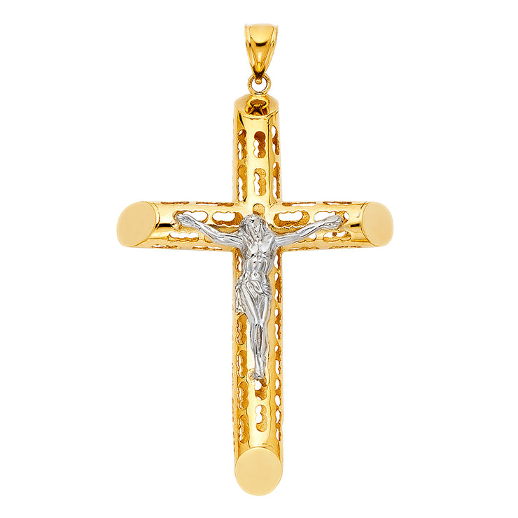 14K Gold Crucifix Charm Pendant with 2mm Flat Open Wheat Chain Necklace