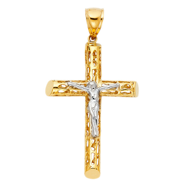 14K Gold Crucifix Charm Pendant with 3.1mm Figaro 3+1 Chain Necklace