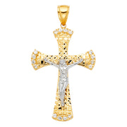 14K Gold CZ Crucifix Charm Pendant with 2mm Flat Open Wheat Chain Necklace