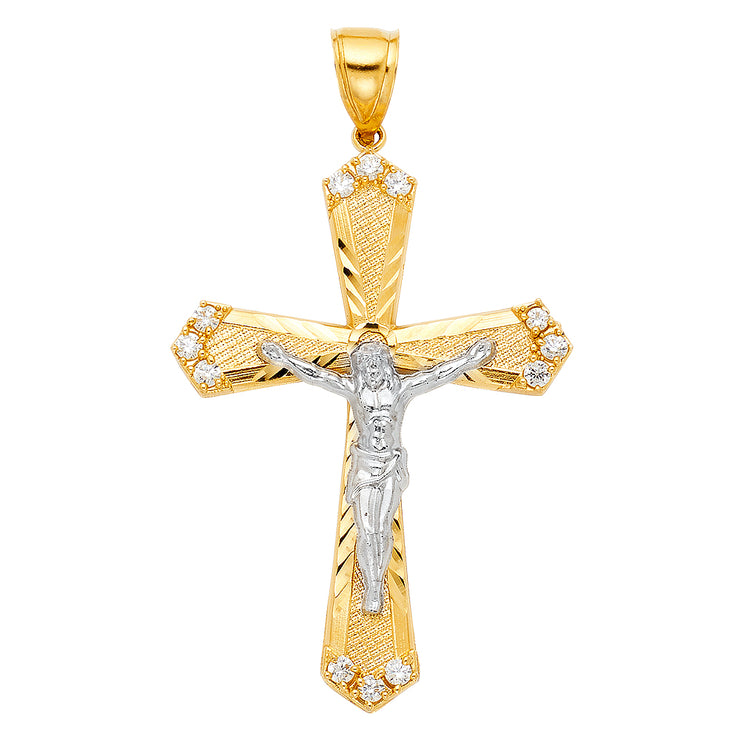 14K Gold CZ Crucifix Charm Pendant with 2mm Flat Open Wheat Chain Necklace