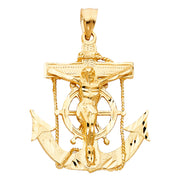 14K Gold Mariner Crucifix Charm Pendant with 2mm Flat Open Wheat Chain Necklace