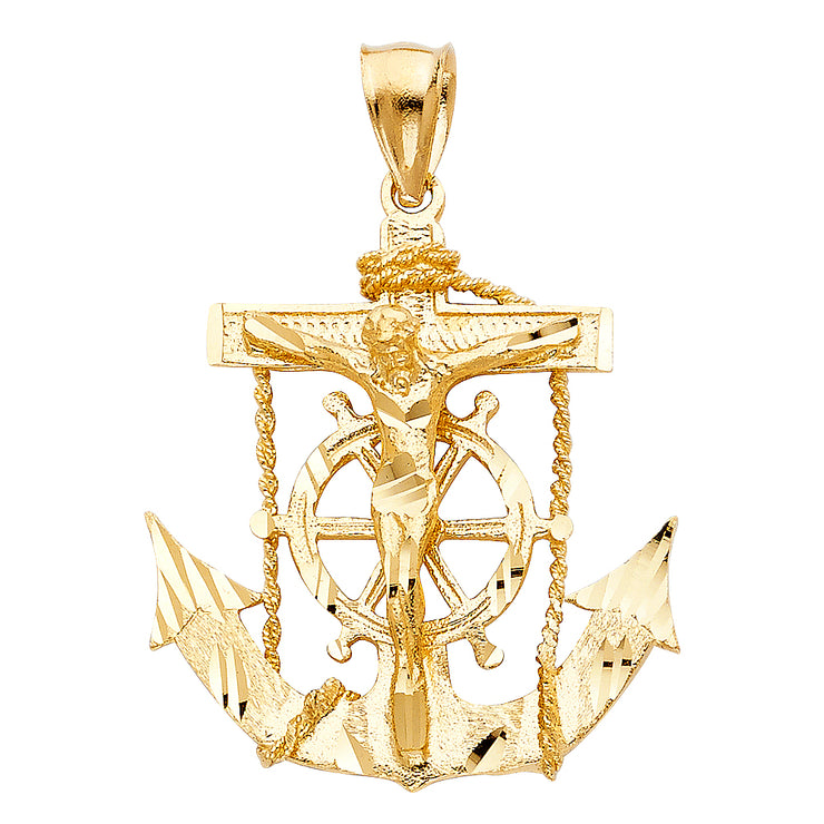 14K Gold Mariner Crucifix Charm Pendant with 2mm Flat Open Wheat Chain Necklace