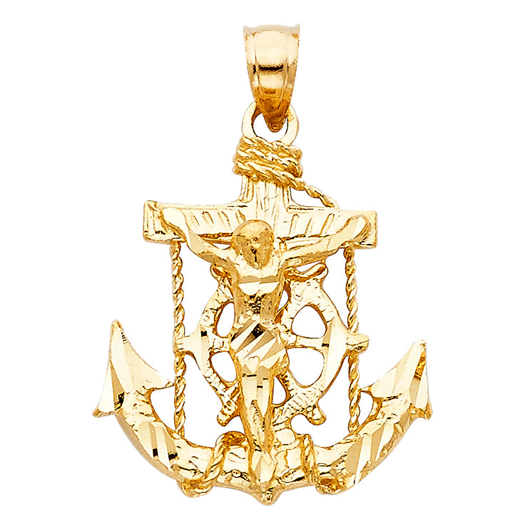 14K Gold Mariner Crucifix Charm Pendant with 3.1mm Figaro 3+1 Chain Necklace