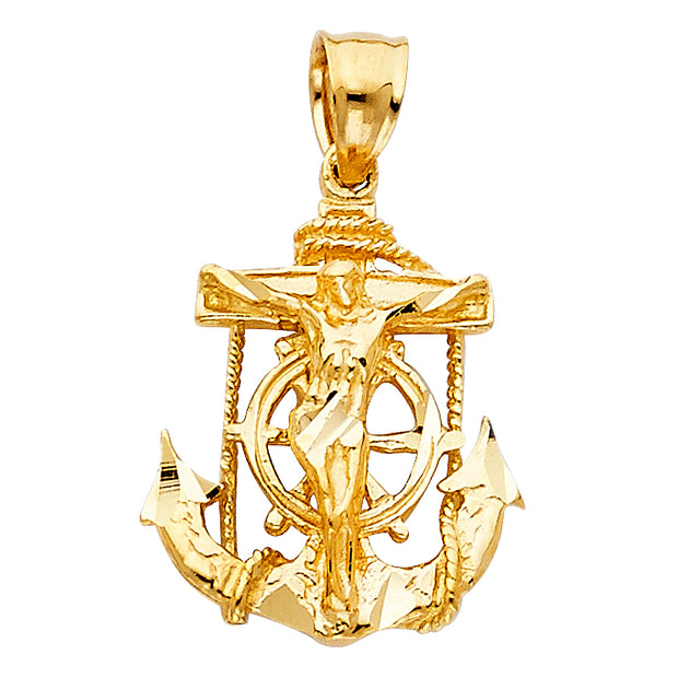 14K Gold Mariner Crucifix Charm Pendant with 1.7mm Flat Open Wheat Chain Necklace