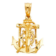 14K Gold Mariner Crucifix Charm Pendant with 1.5mm Flat Open Wheat Chain Necklace