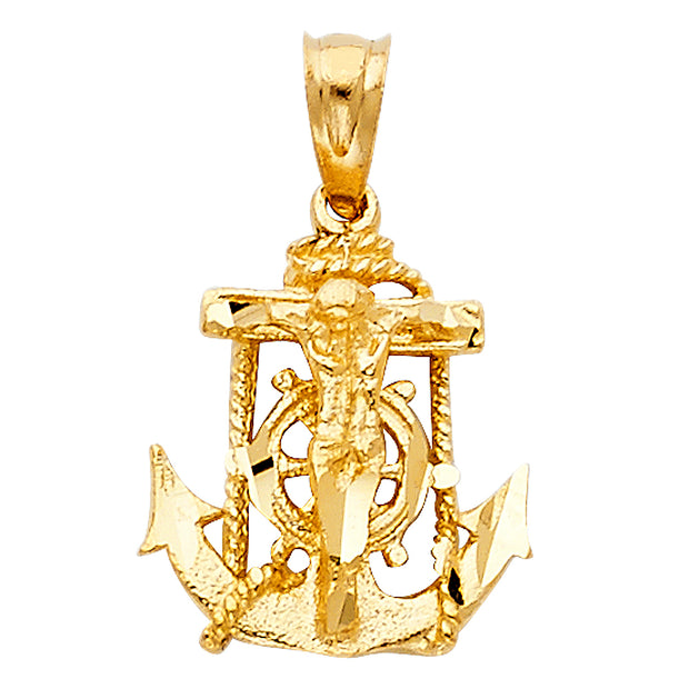 14K Gold Mariner Crucifix Charm Pendant with 1.5mm Flat Open Wheat Chain Necklace