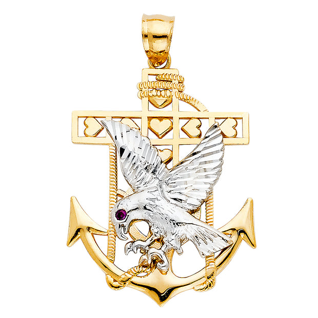 14K Gold Mariner Eagle Charm Pendant with 1.8mm Singapore Chain Necklace