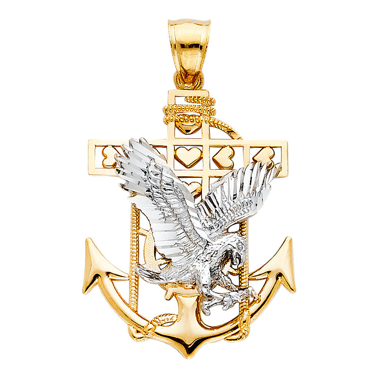 14K Gold Mariner Eagle Charm Pendant with 1.2mm Box Chain Necklace