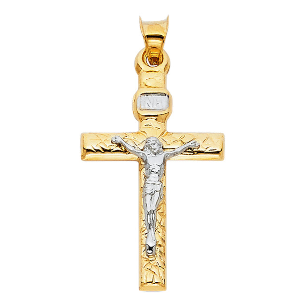 14K Gold Crucifix Cross Pendant with 1.5mm Flat Open Wheat Chain