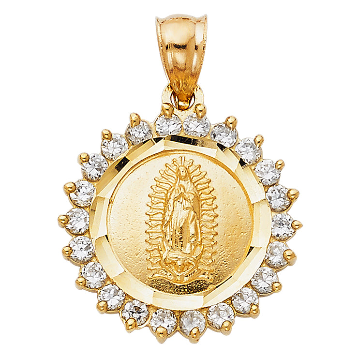 14K Gold CZ Guadalupe Charm Pendant with 1.8mm Singapore Chain Necklace