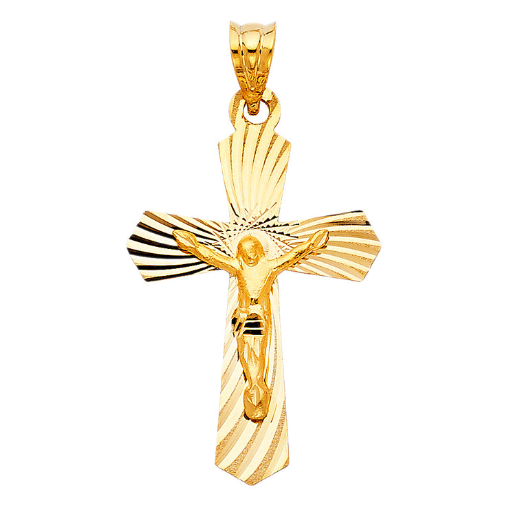 14K Gold Crucifix Stamp Charm Pendant with 3.1mm Figaro 3+1 Chain Necklace