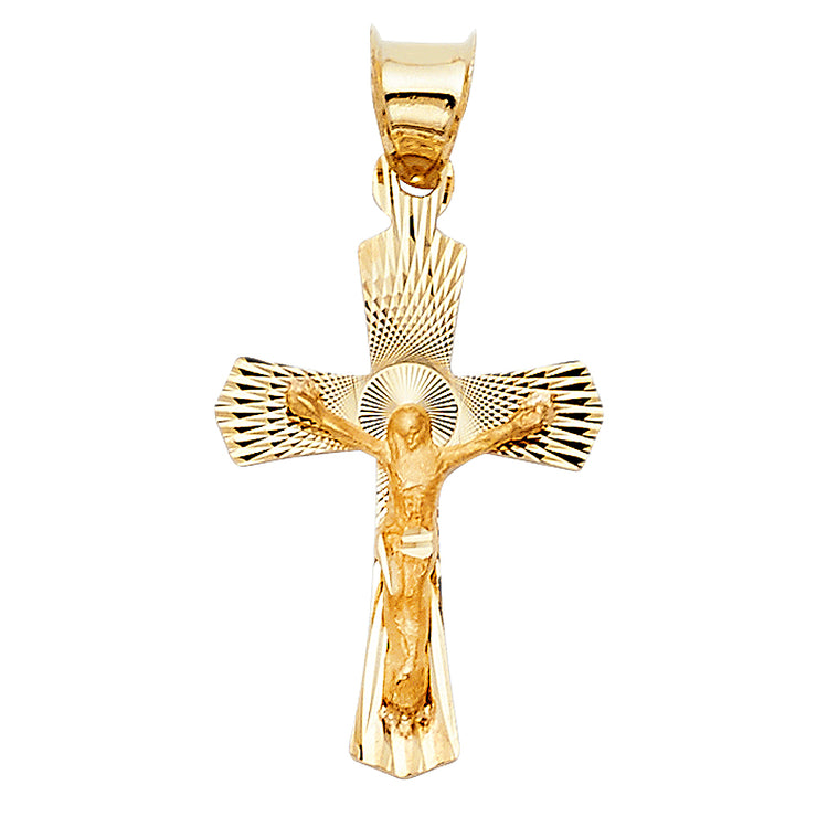 14K Gold Crucifix Stamp Charm Pendant with 3.1mm Figaro 3+1 Chain Necklace