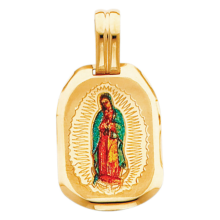 14K Gold Guadalupe Enamel Pendant with 1.2mm Flat Open Wheat Chain