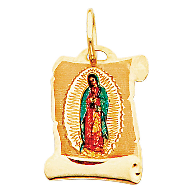 14K Gold Guadalupe Enamel Charm Pendant with 0.9mm Wheat Chain Necklace