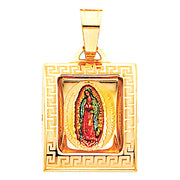 14K Gold Guadalupe Enamel Pendant with 2mm Figaro 3+1 Chain