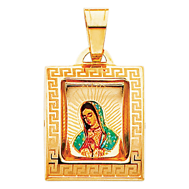 14K Gold Guadalupe Enamel Pendant with 2mm Figaro 3+1 Chain